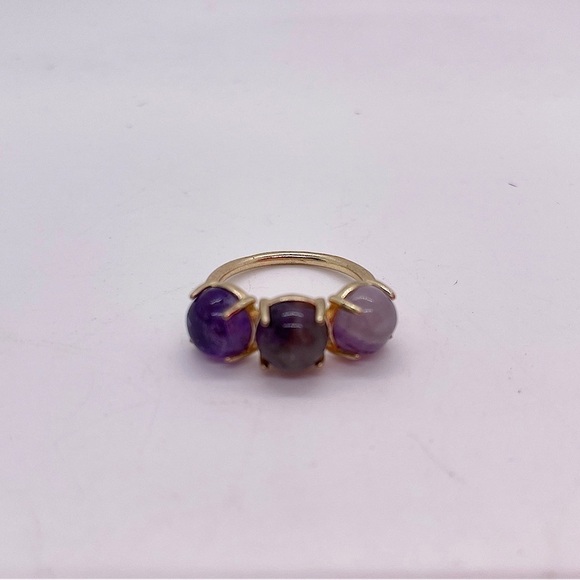 Amethyst Three Stone Set Ring Gold Tone Purple Lavender Boho Simple Ring Size 7 - Picture 7 of 8